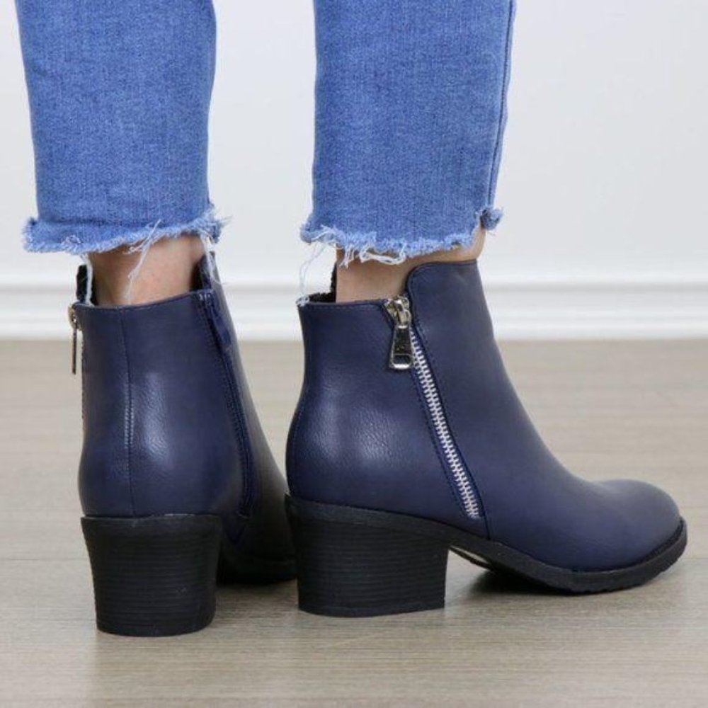 Navy Faux Leather Ankle Boots W/ Silver Zipper - Picture 5 of 8